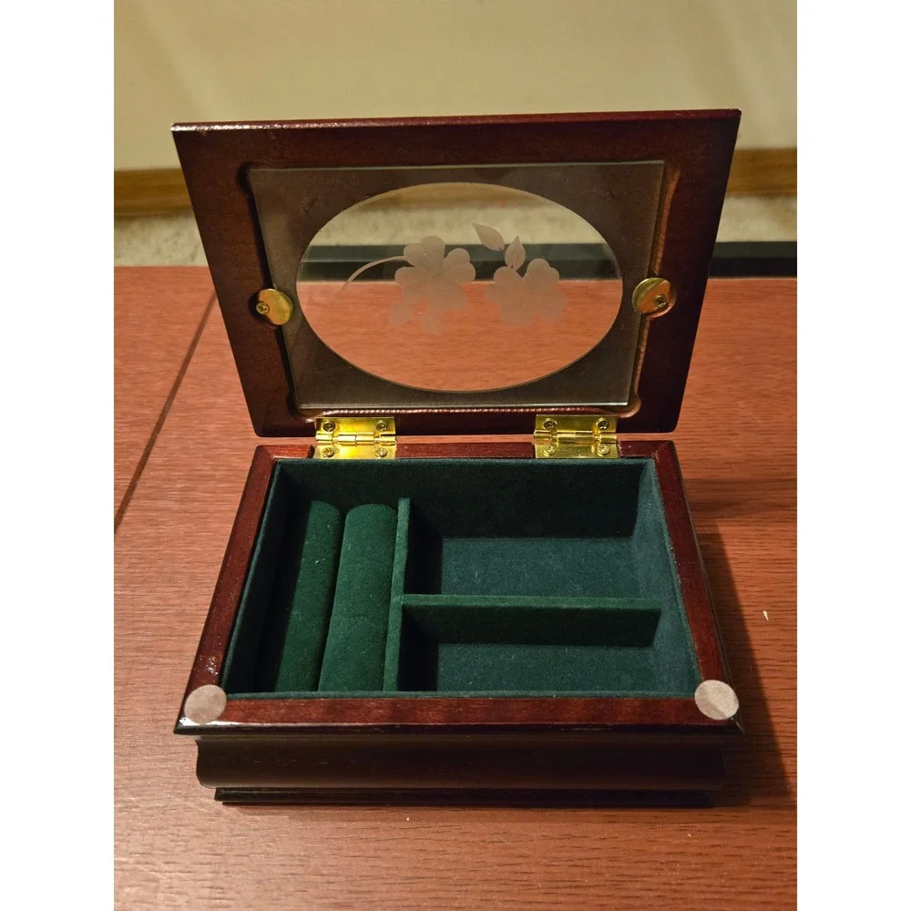 Vintage Cherry Wood Jewelry Box Etched Floral Glass Lid Green Velvet Lining